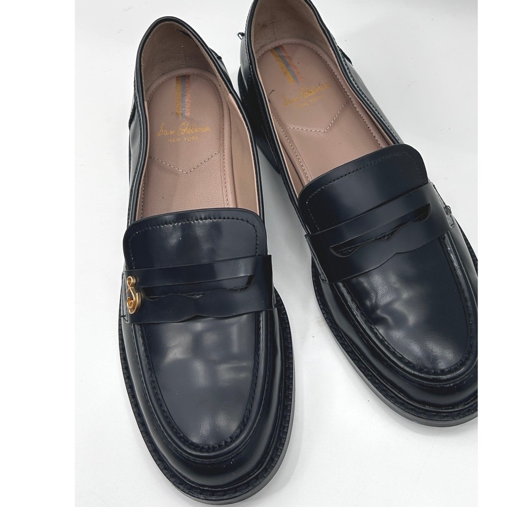Sam Edelman Loraine Black Leather Penny Loafers Gold Logo Charm Womens Shoes - Picture 6 of 9